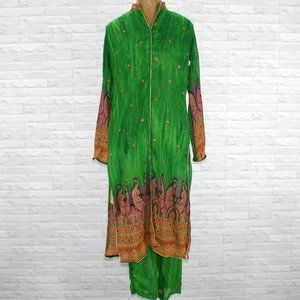 HANDMADE Kurta Pants Set Green Paisley Plum Long Outfit Loungewear Pair